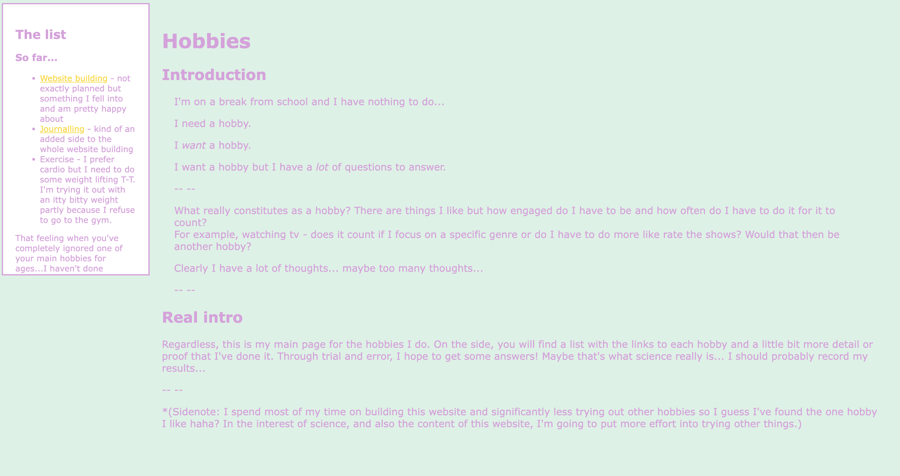 Hobbies page with a white sidebar on the left