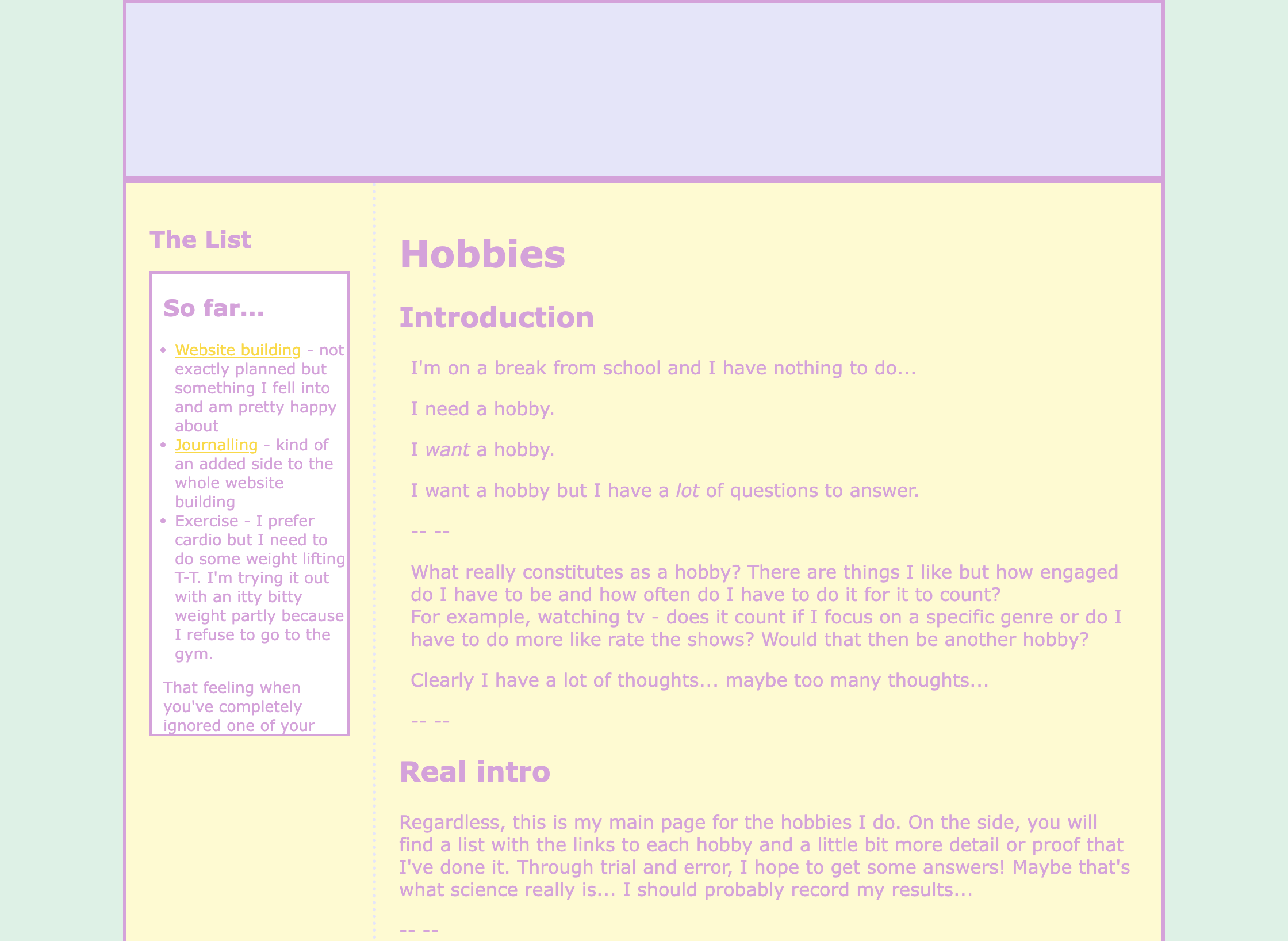 Hobbies page close to looking like template but with pastels